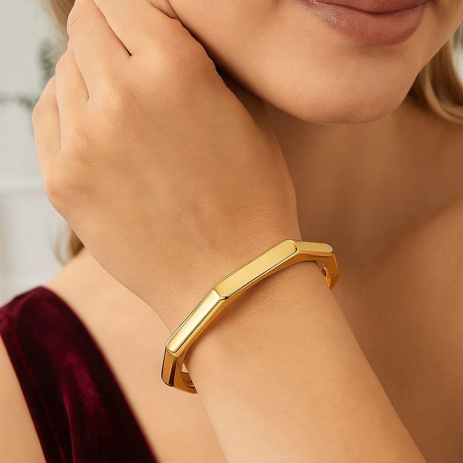14K Yellow Gold High Polish Geometric Bangle