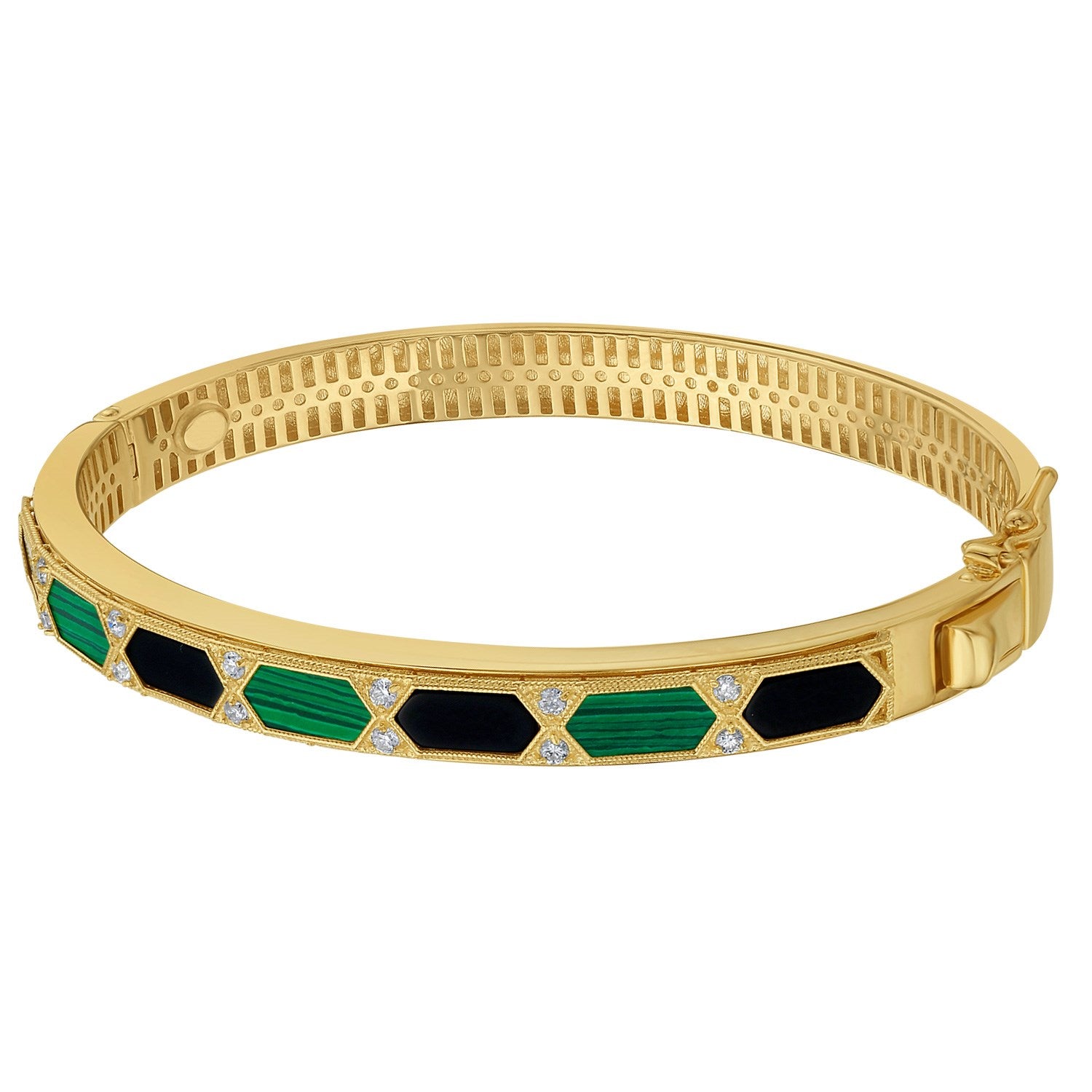 14K Yellow Gold Black And Green Art Deco Hexagon Bangle (6.00 mm) | BIJOLINA