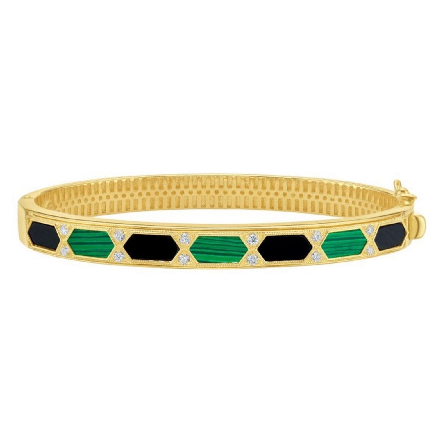 14K Yellow Gold Black And Green Art Deco Hexagon Bangle (6.00 mm) - Side View | BIJOLINA