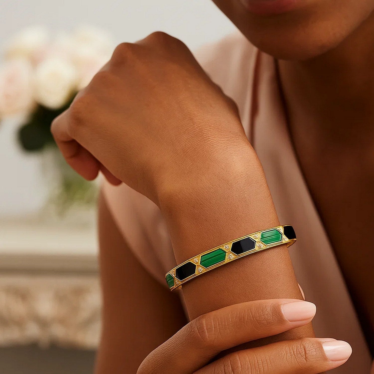 14K Yellow Gold Black And Green Art Deco Hexagon Bangle (6.00 mm) - Angle View | BIJOLINA