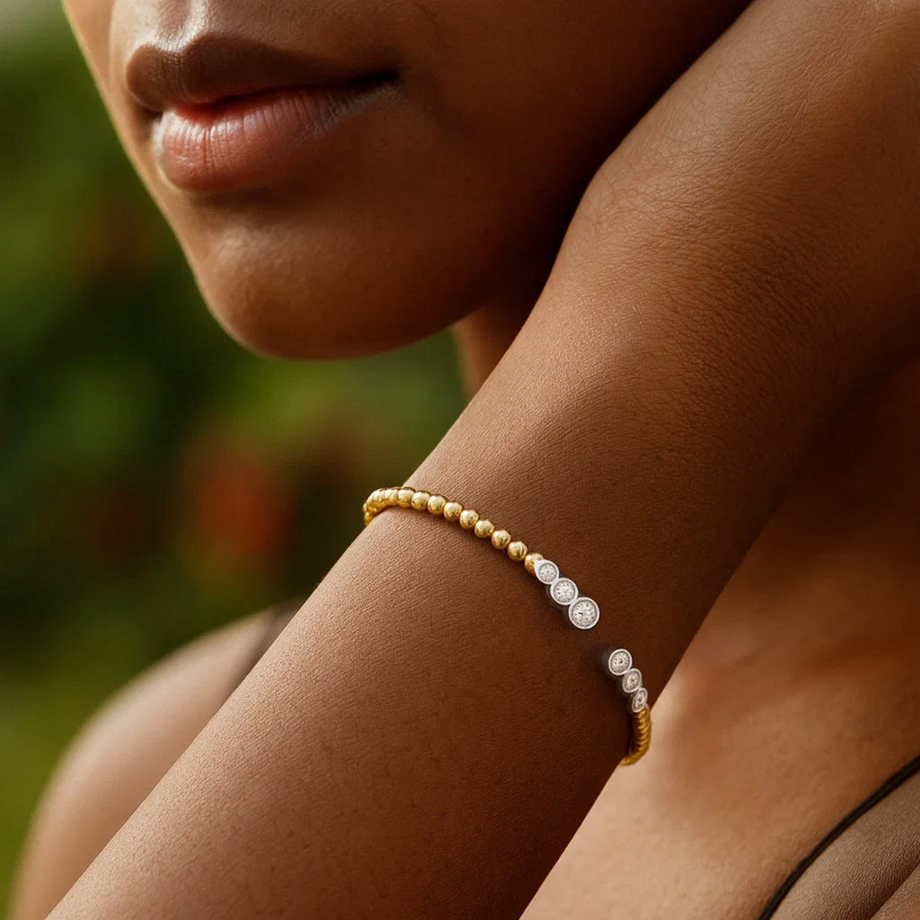 14K Two Tone Polish Diamond Pallina Open Beaded Cuff Bangle (3.00 mm) - Side View | BIJOLINA