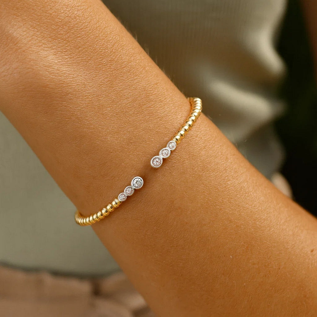 14K Two Tone Polish Diamond Pallina Open Beaded Cuff Bangle (3.00 mm) - Angle View | BIJOLINA