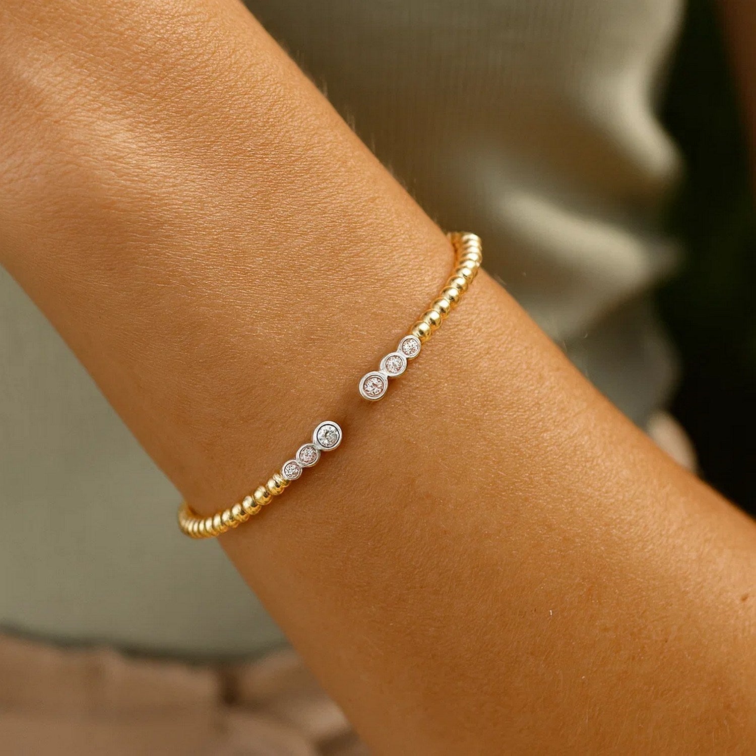 14K Two Tone Polish Diamond Pallina Open Beaded Cuff Bangle (3.00 mm) - Angle View | BIJOLINA