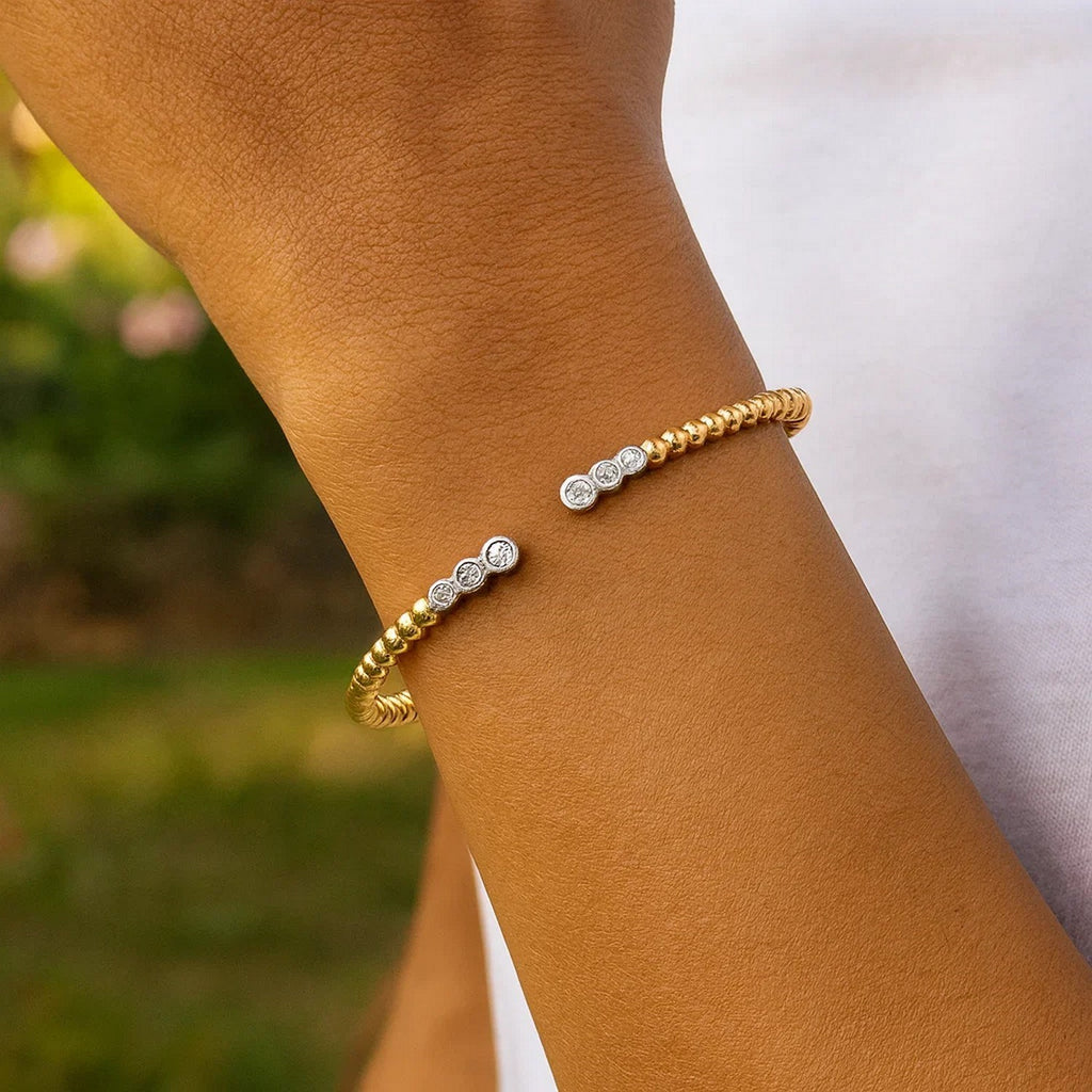14K Two Tone Polish Diamond Pallina Open Beaded Cuff Bangle (3.00 mm) - Close-Up | BIJOLINA