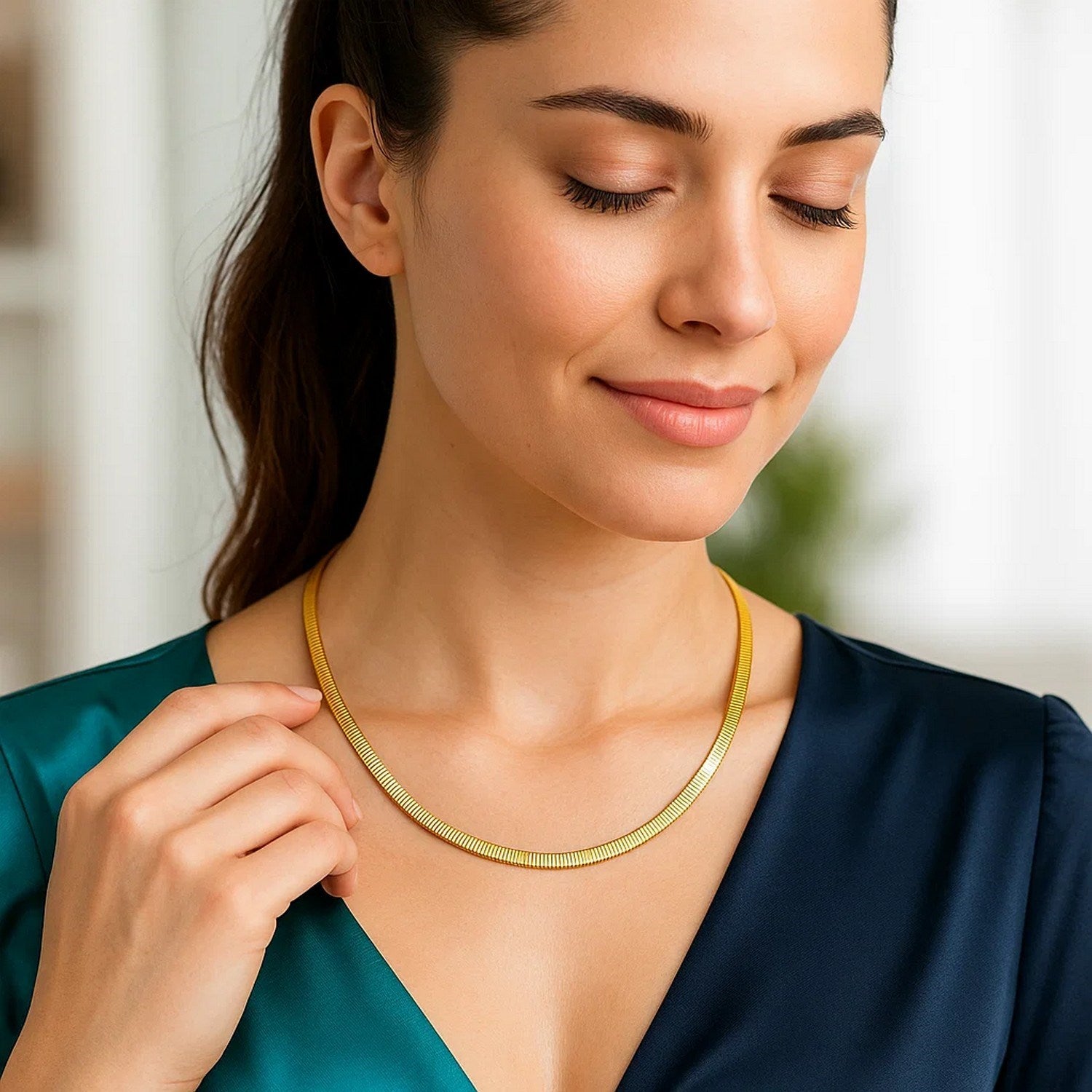 4.0mm 14k Two Tone Gold Reversible Omega Necklace - Angle View | BIJOLINA