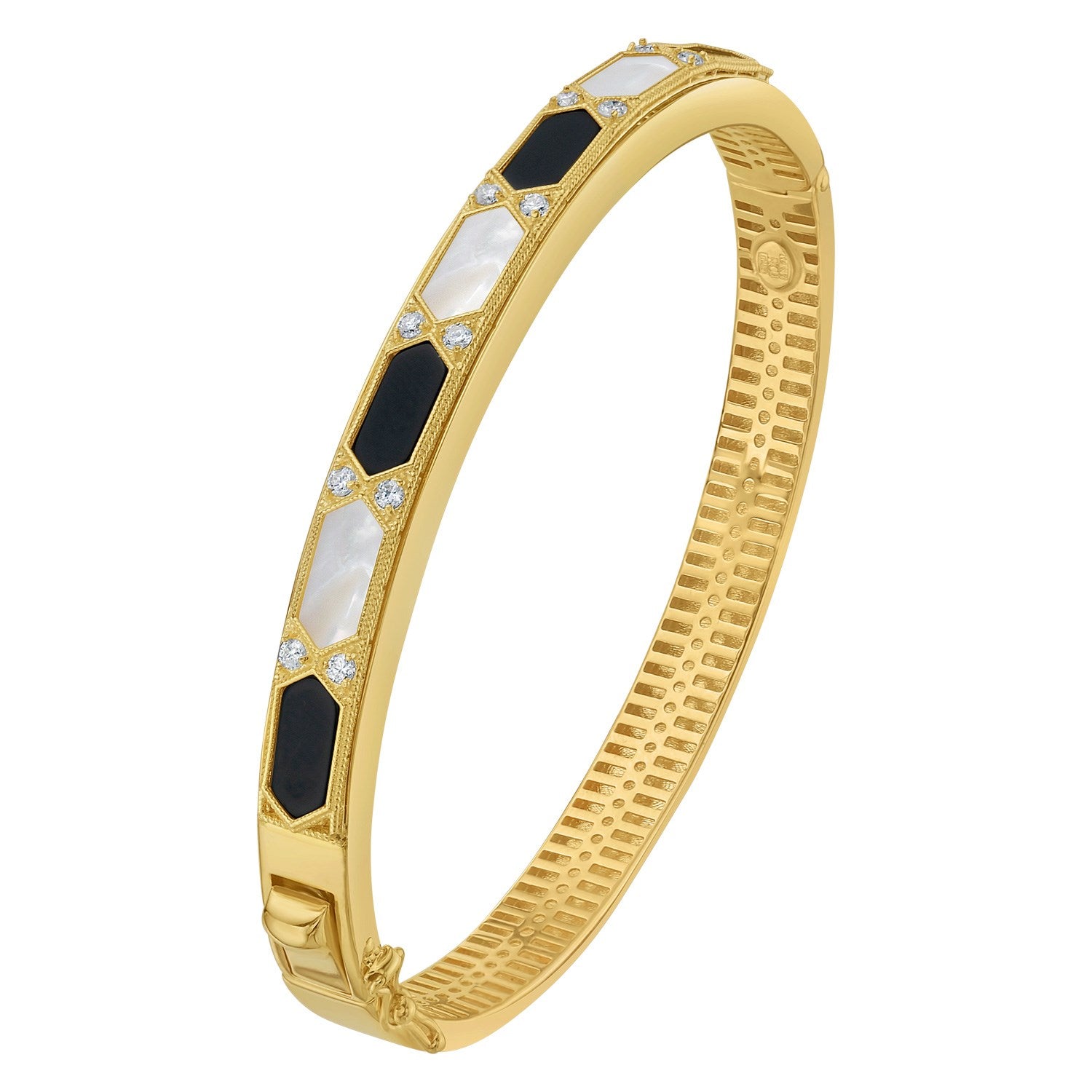14K Yellow Gold Black And White Art Deco Hexagon Bangle | BIJOLINA