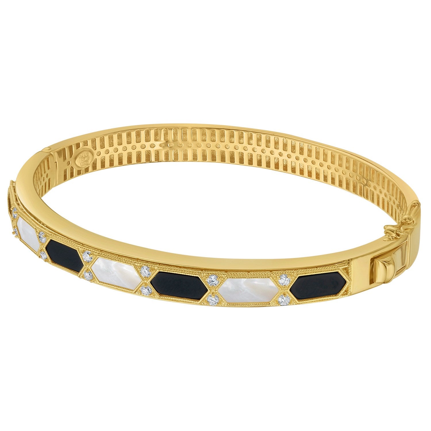 14K Yellow Gold Black And White Art Deco Hexagon Bangle - Side View | BIJOLINA
