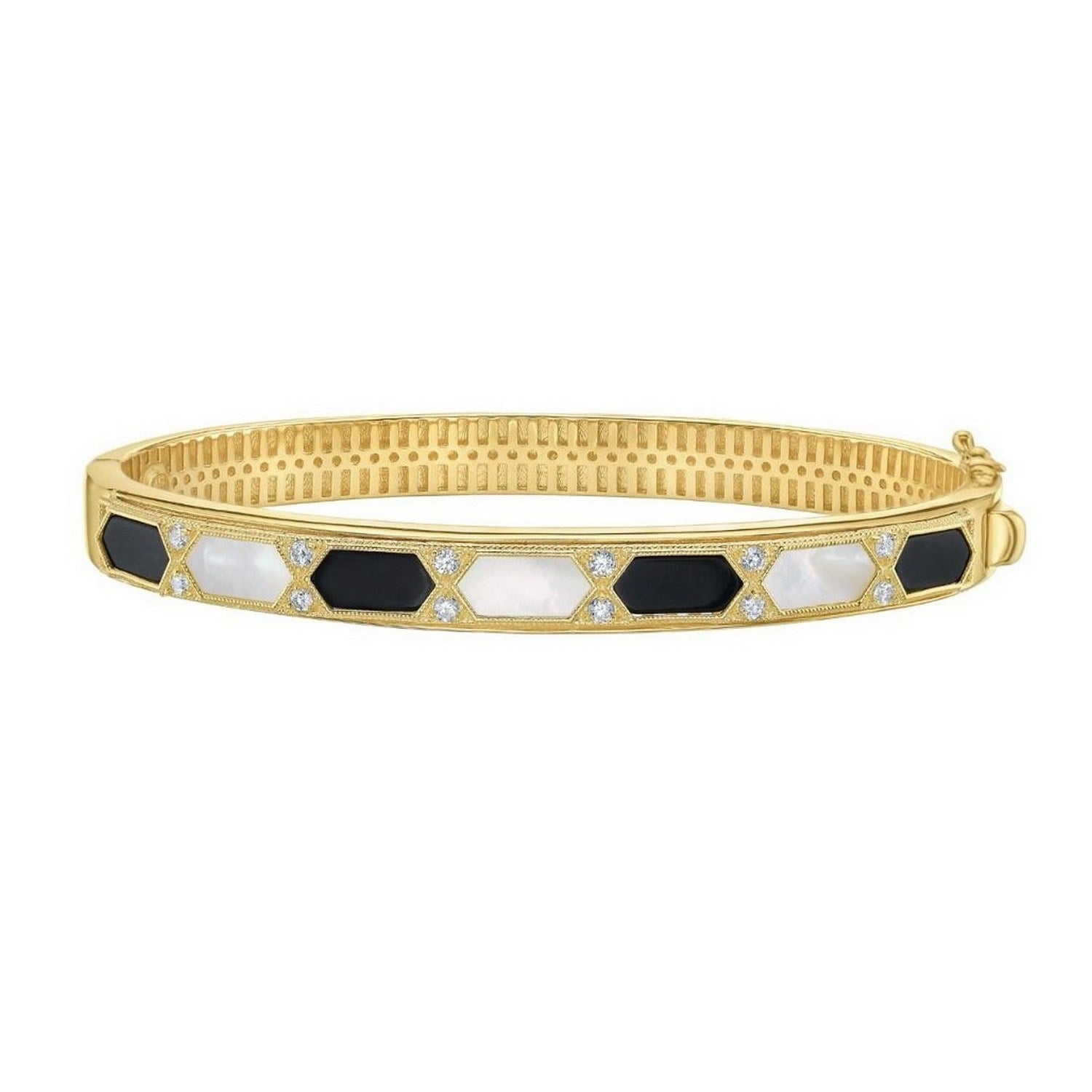 14K Yellow Gold Black And White Art Deco Hexagon Bangle - Detail | BIJOLINA