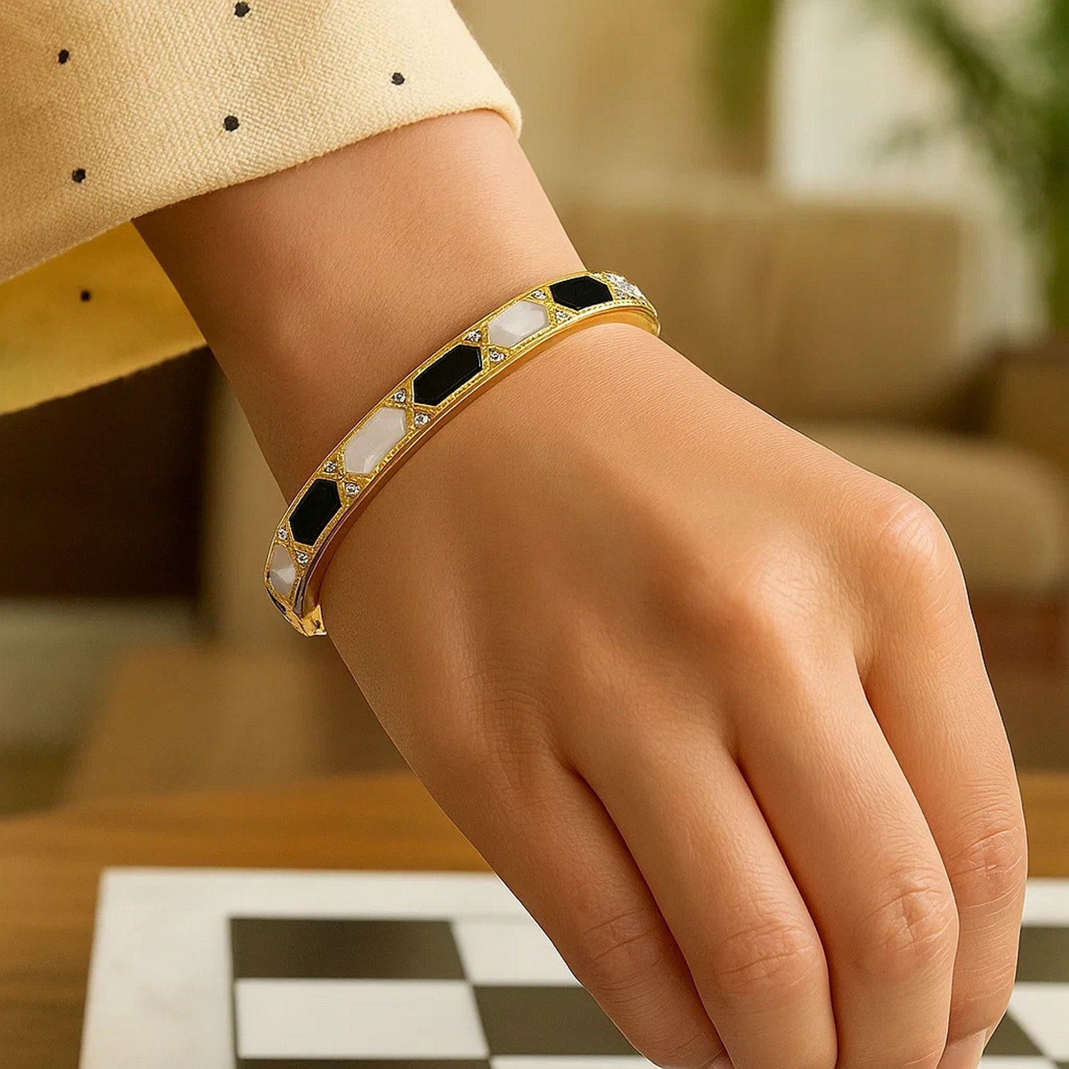 14K Yellow Gold Black And White Art Deco Hexagon Bangle - Angle View | BIJOLINA