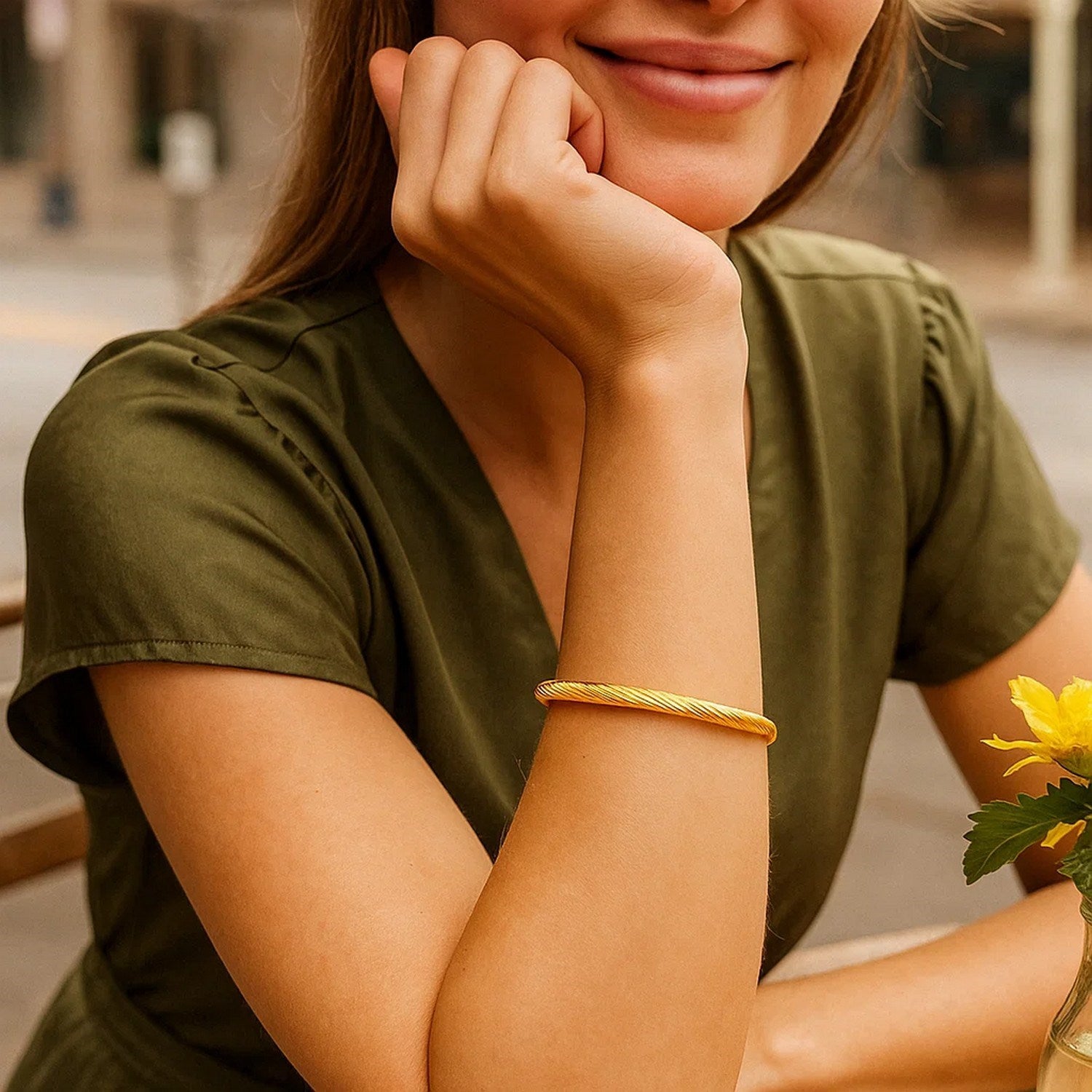 14k Yellow Gold Polished Cable Motif Bangle (5.00 mm) - Side View | BIJOLINA