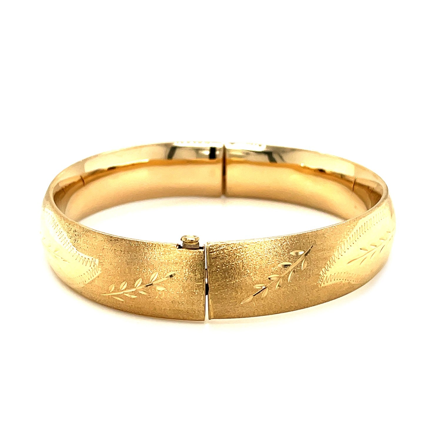 Classic Floral Carved Bangle in 14k Yellow Gold (13.50 mm) - Side View | BIJOLINA