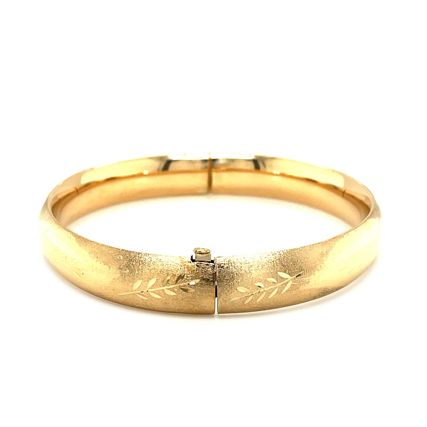 Classic Floral Carved Bangle in 14k Yellow Gold (10.00 mm) - Side View | BIJOLINA
