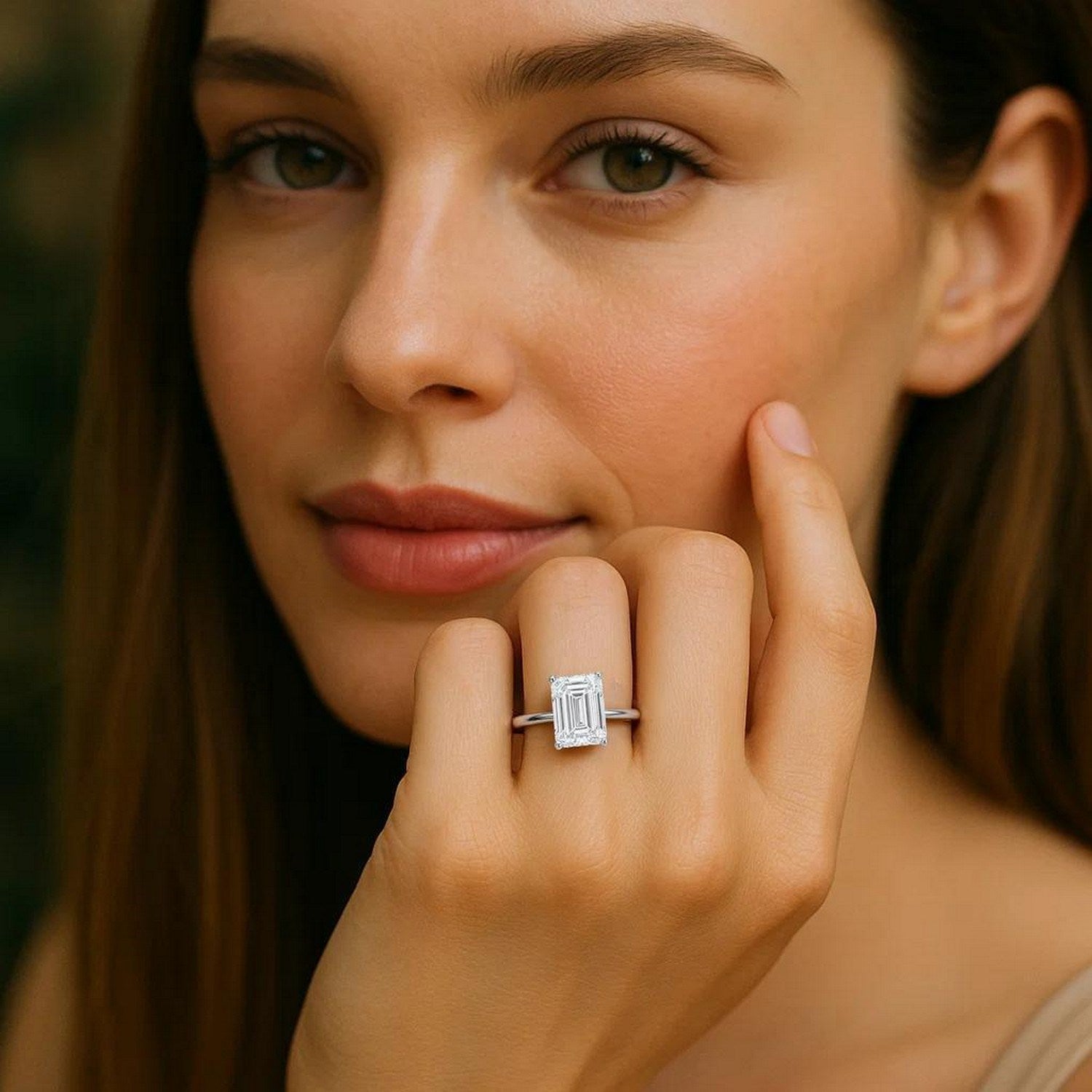 Emerald Diamond Solitaire Ring 14K White Gold