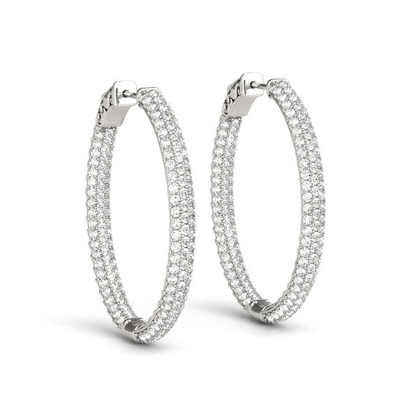 14K White Gold Diamond Hoop Double Sided Three Row Earrings
