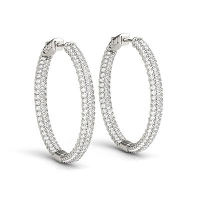 14K White Gold Two Row Pave Set Diamond Hoop Earrings