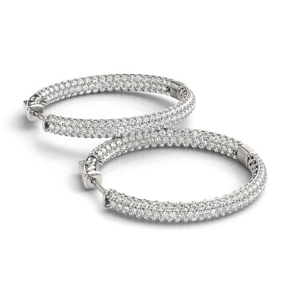 14K White Gold Two Row Pave Set Diamond Hoop Earrings