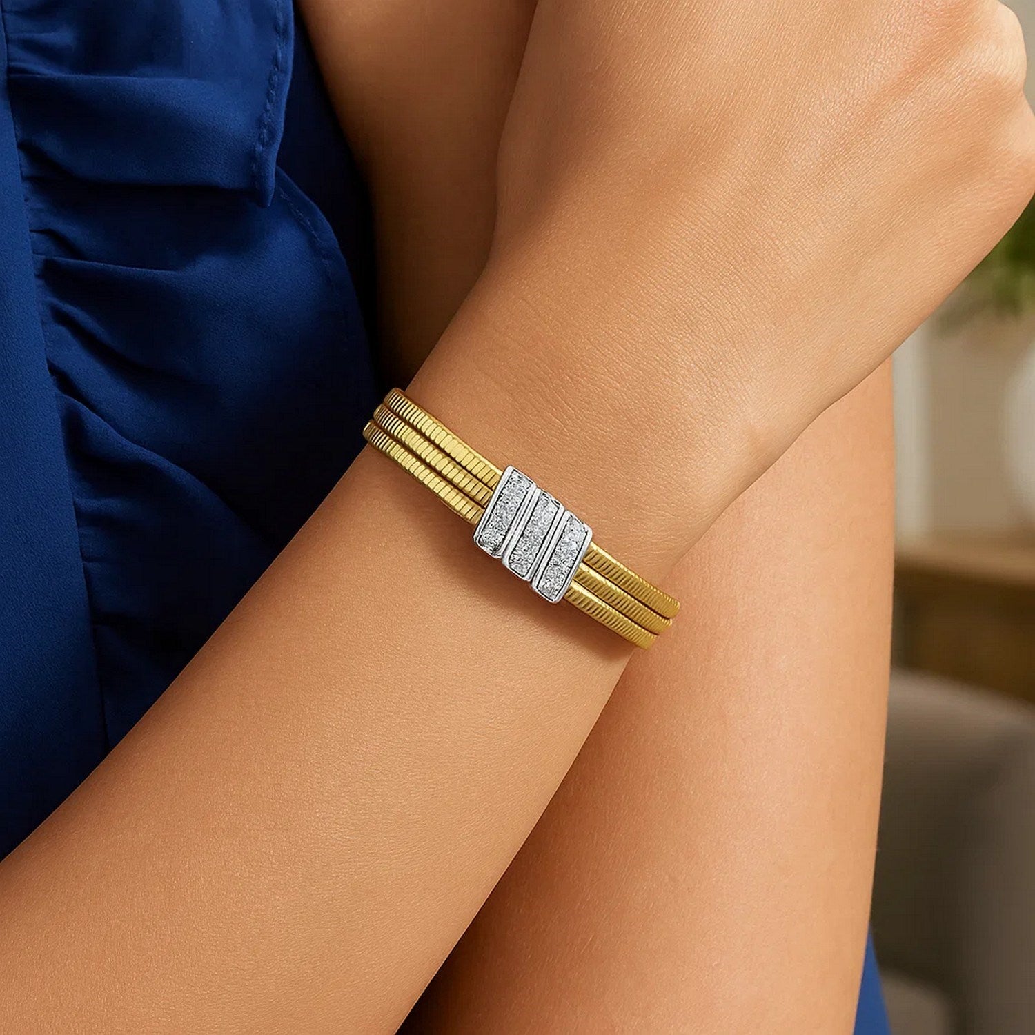 14K Yellow Gold Triple Row Diamond Omega Cuff Bangle