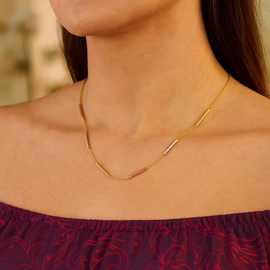 10K Tri Tone Gold Stationed Bar Necklace | BIJOLINA