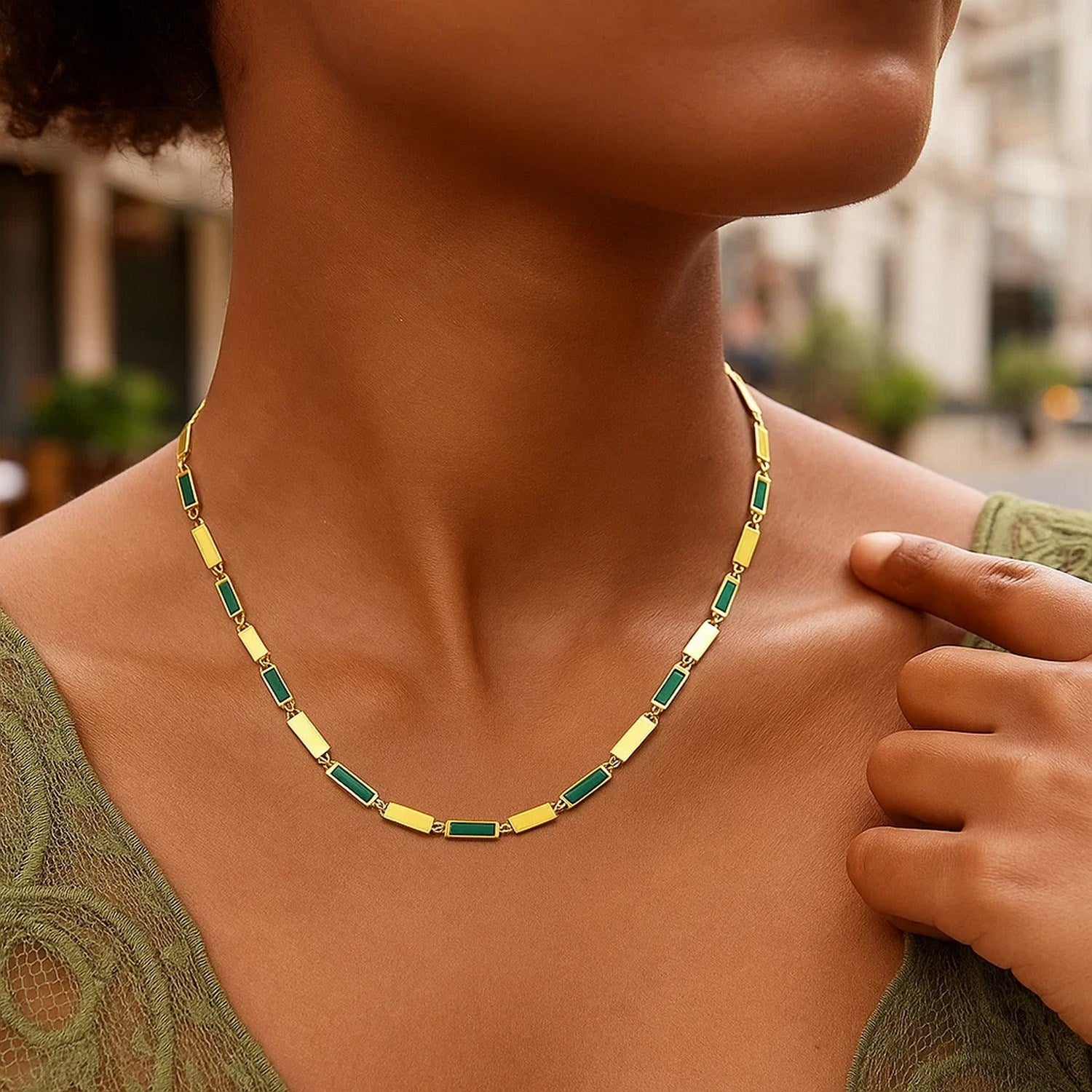 14K Yellow Gold Malachite Rectangle Links Necklace