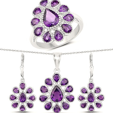 Amethyst Sterling Silver 3 Piece Jewelry Set (Ring, Earrings, and Pendant w/ Chain)