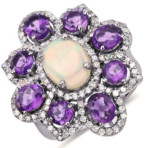 Amethyst, Opal Sterling Silver Ring