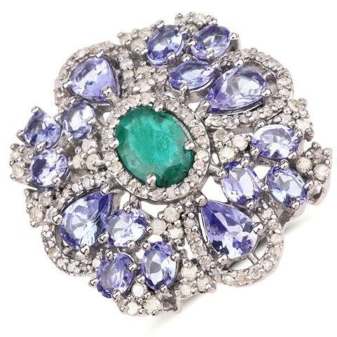 Tanzanite, Emerald Sterling Silver Ring Style B