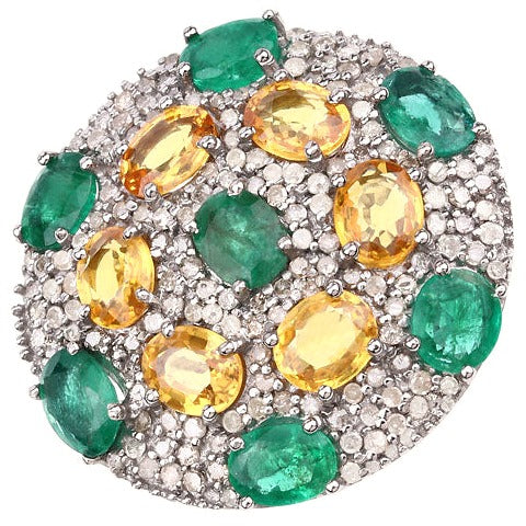 Yellow Sapphire, Emerald and White Diamond .925 Sterling Silver Ring