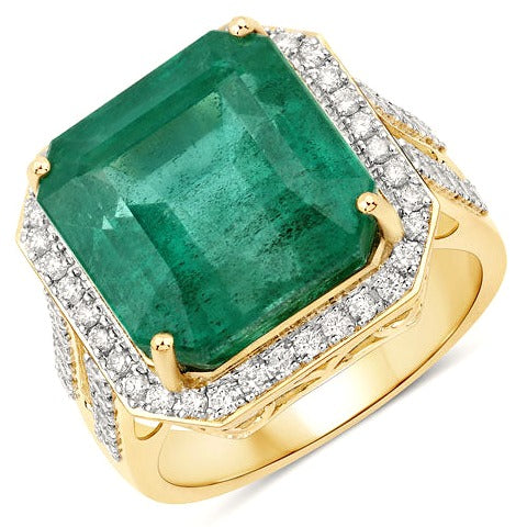 Igi Certified 13.06 Carat Emerald 14-Karat Yellow Gold Ring