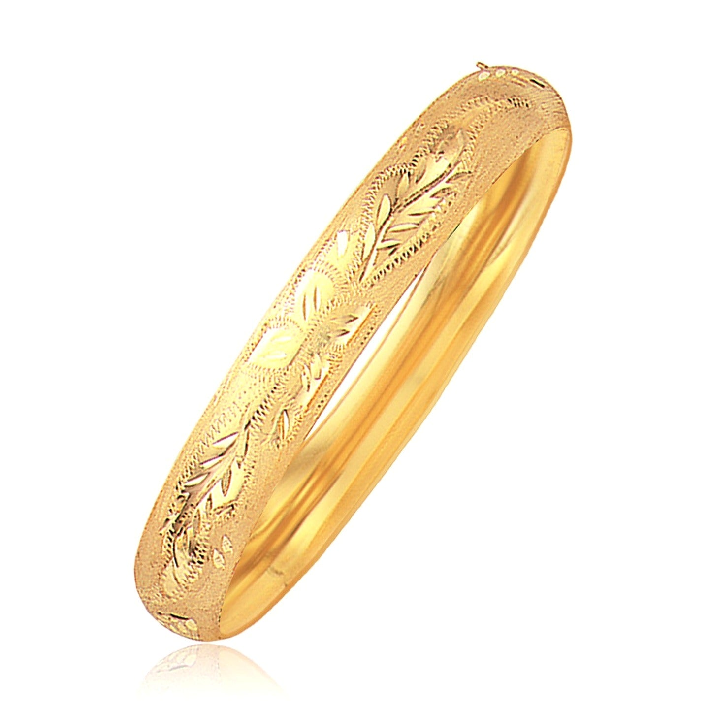 Classic Floral Carved Bangle in 14k Yellow Gold (10.00 mm) - Detail | BIJOLINA