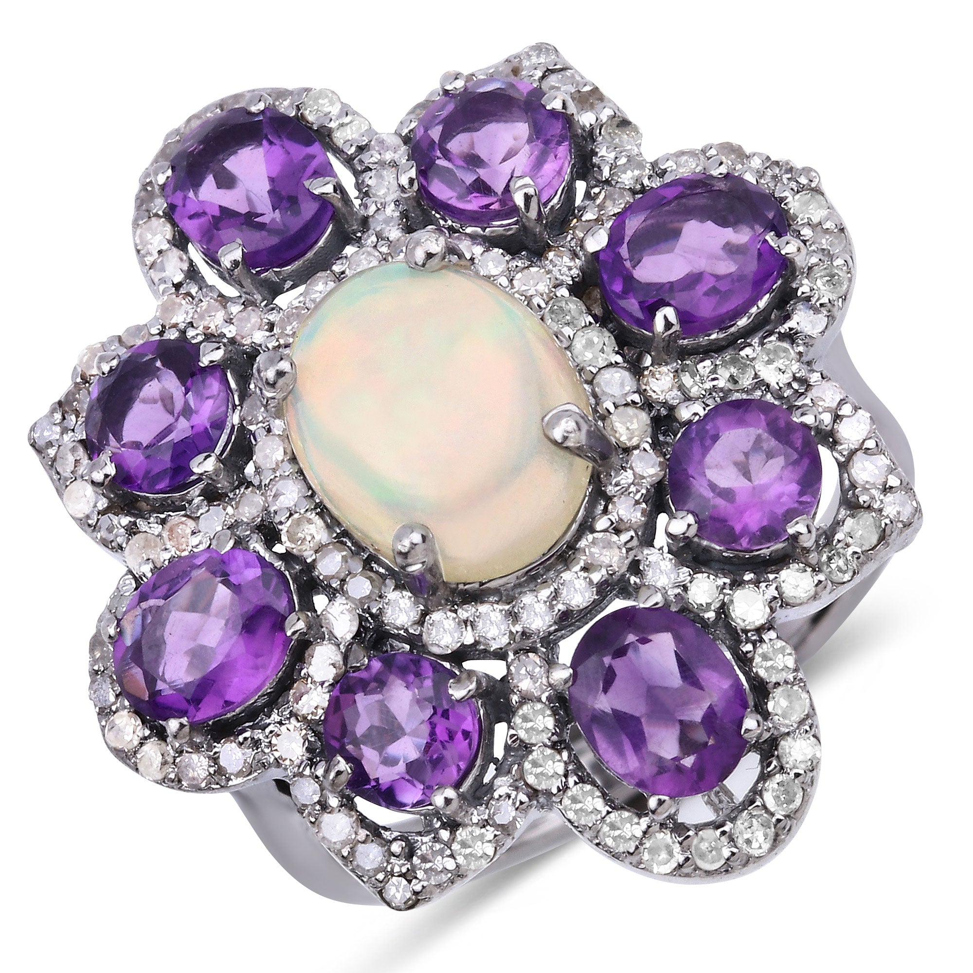 Amethyst, Opal Sterling Silver Ring - gallery
