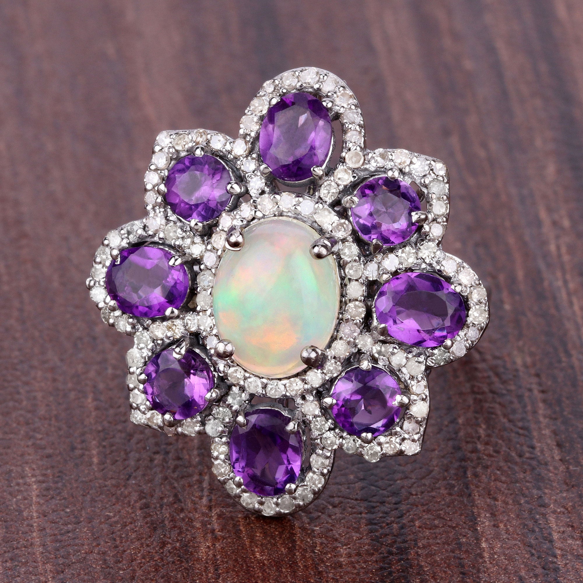Amethyst, Opal Sterling Silver Ring - view1