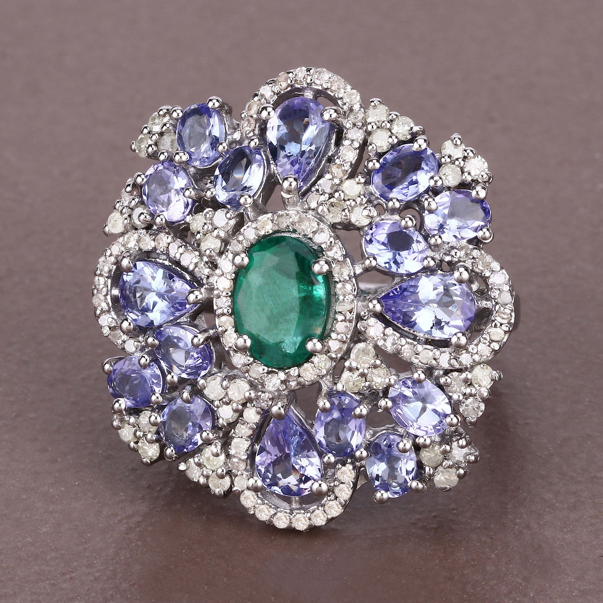 Tanzanite, Emerald Sterling Silver Ring Style B - view1