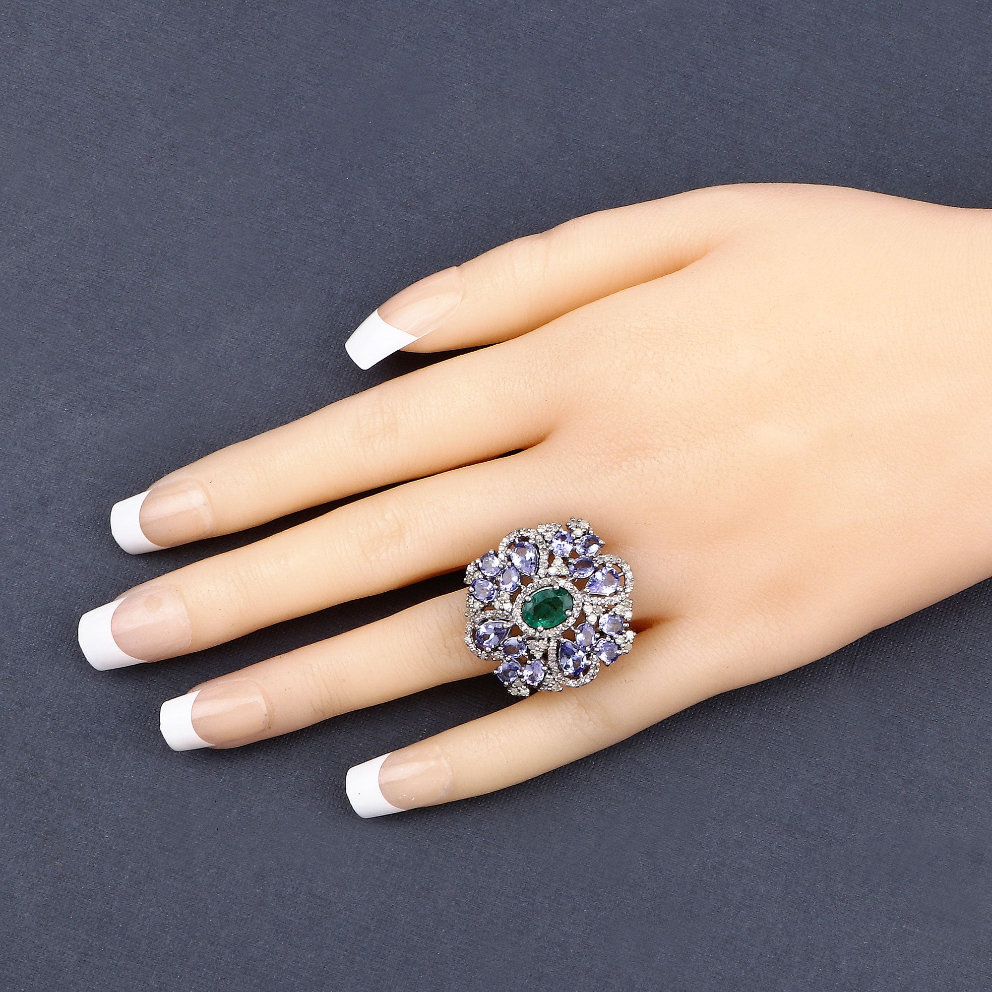 Tanzanite, Emerald Sterling Silver Ring Style B - view2