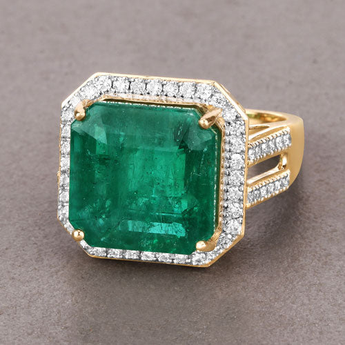 Igi Certified 13.06 Carat Emerald 14-Karat Yellow Gold Ring